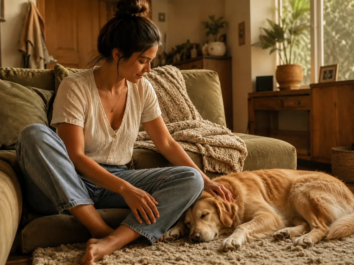 Una mujer acaricia a su perro ya crecido mientras descansa junto a sus pies.