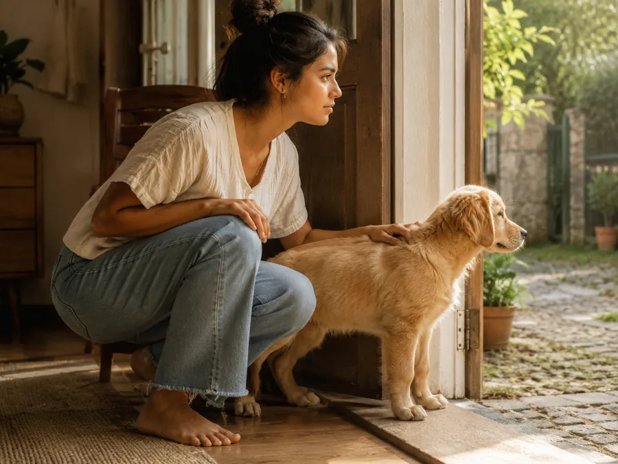 Una mujer espera junto a un cachorro golden que observa el exterior desde la puerta abierta.